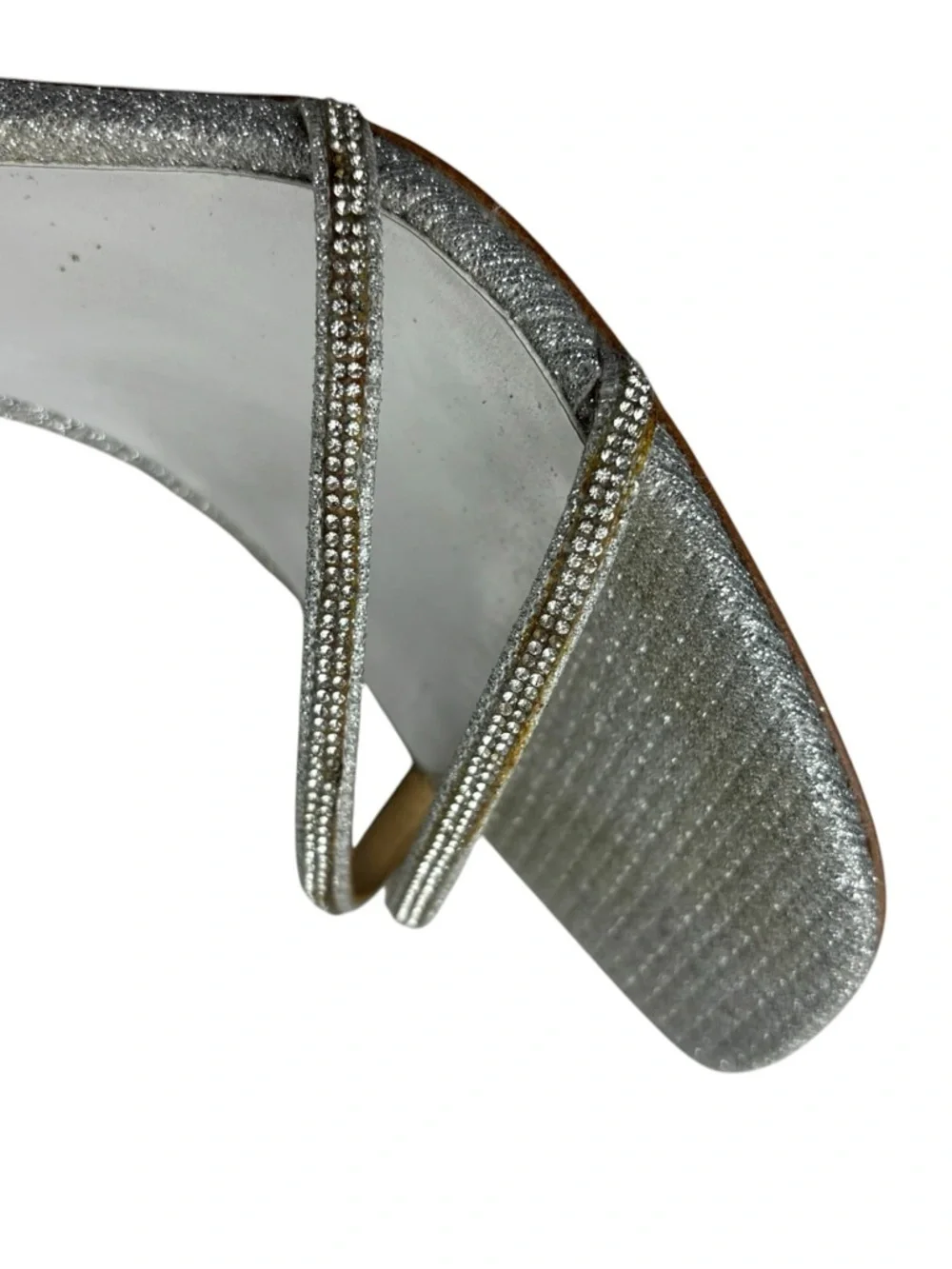 BADGLEY MISCHKA FIREY RHINESTONE SILVER BLOCK HEEL OPEN TOE HEELS